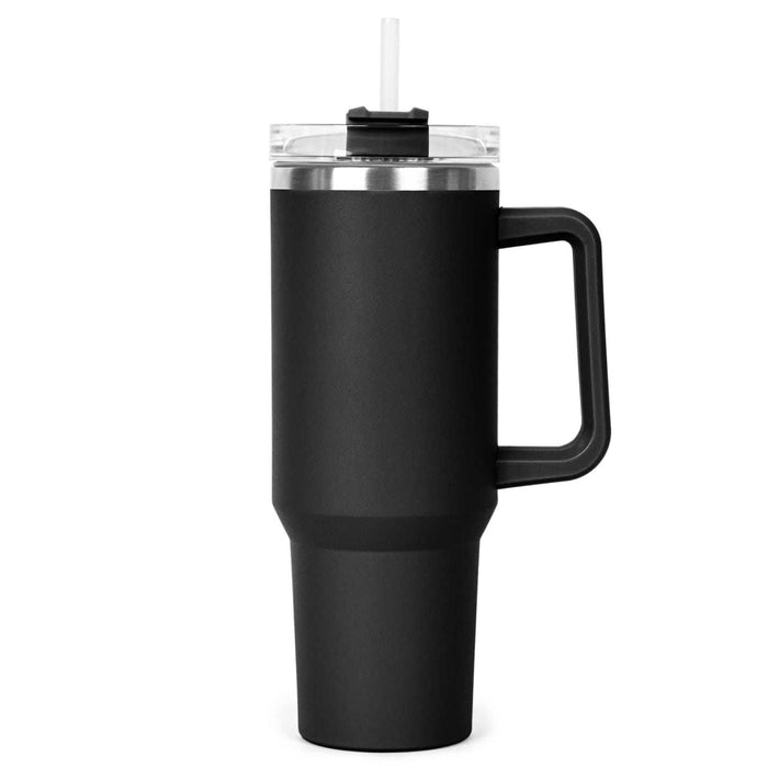 The Hippo 1.2L Mug - A drink bottle featuring a matte black finish, a clear lid, and a straw, with a sturdy handle for easy carrying.