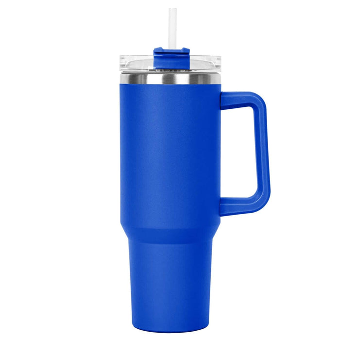 The Hippo 1.2L Mug - A drink bottle in vibrant blue, featuring a handle, straw, and a clear lid, with a metallic accent.