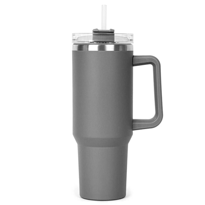 The Hippo 1.2L Mug - A drink bottle in grey with a handle and a transparent lid, featuring a straw. It has a sleek, modern design.