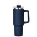 The Hippo 1.2L Mug - A drink bottle in navy blue with a clear lid, straw, and a sturdy handle. It has a sleek design and a logo.