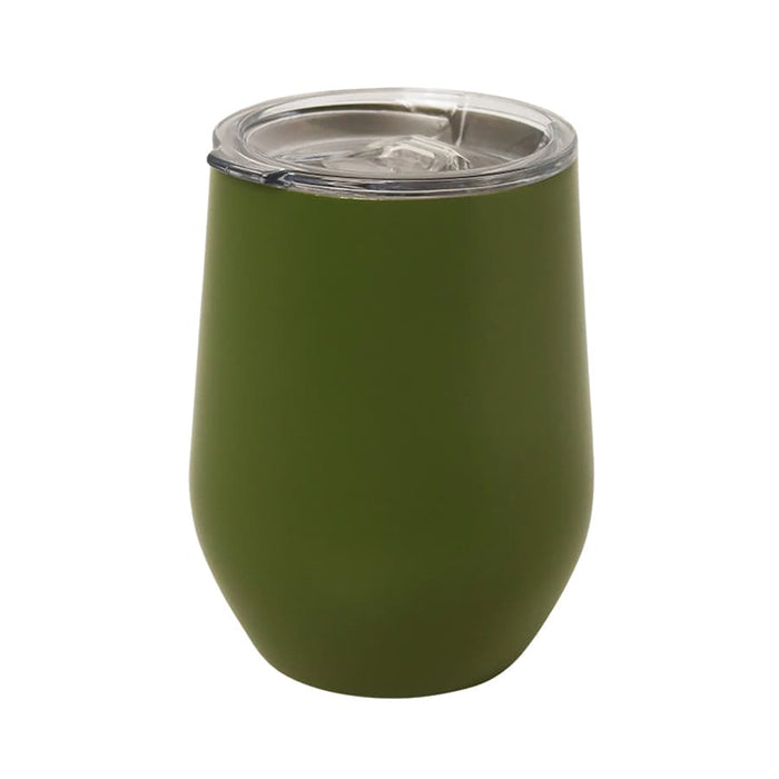 Zen Mirror Finish Mugs (350mL) - A drink bottle in matte olive green with a clear lid, designed for beverages. It has a logo on the surface.