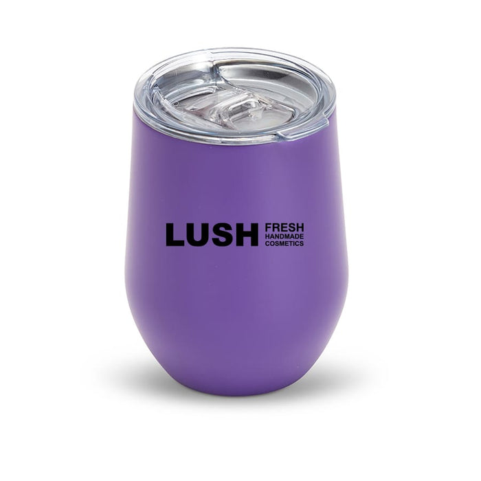 Zen Mirror Finish Mugs (350mL) - A purple drink tumbler with a clear lid and a logo on the front.