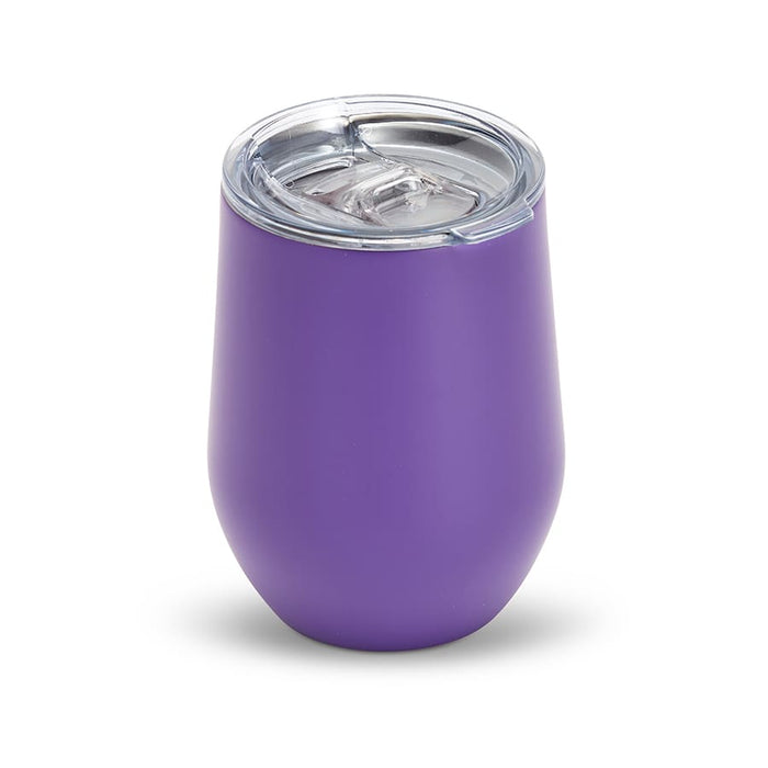 Zen Mirror Finish Mugs (350mL) - A purple drink mug with a clear lid, featuring a sleek mirror finish design. It has a logo on the side.