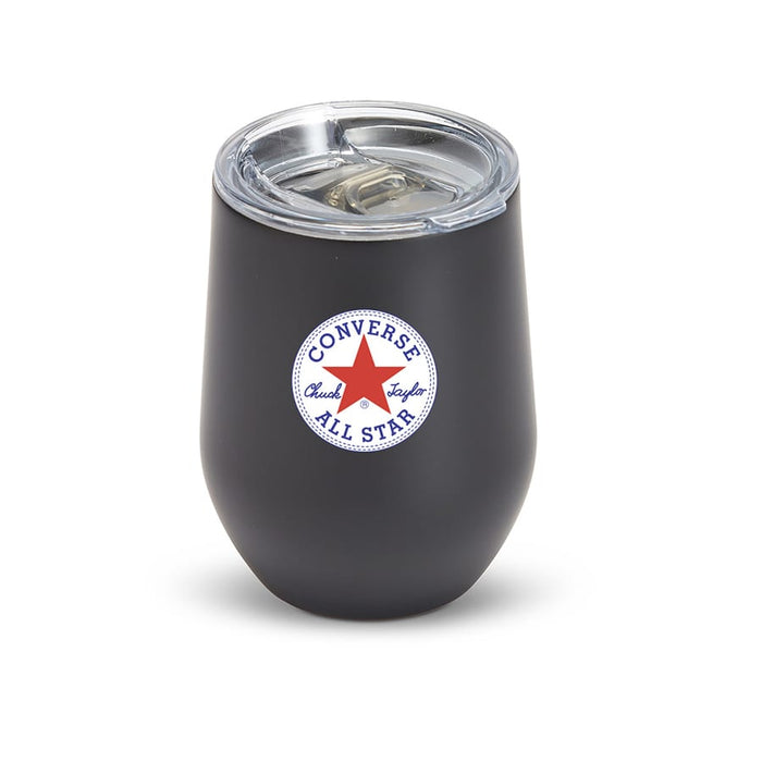 Zen Mirror Finish Mugs (350mL) - A drink mug in matte black with a transparent lid and a logo. It has a rounded shape suitable for beverages.
