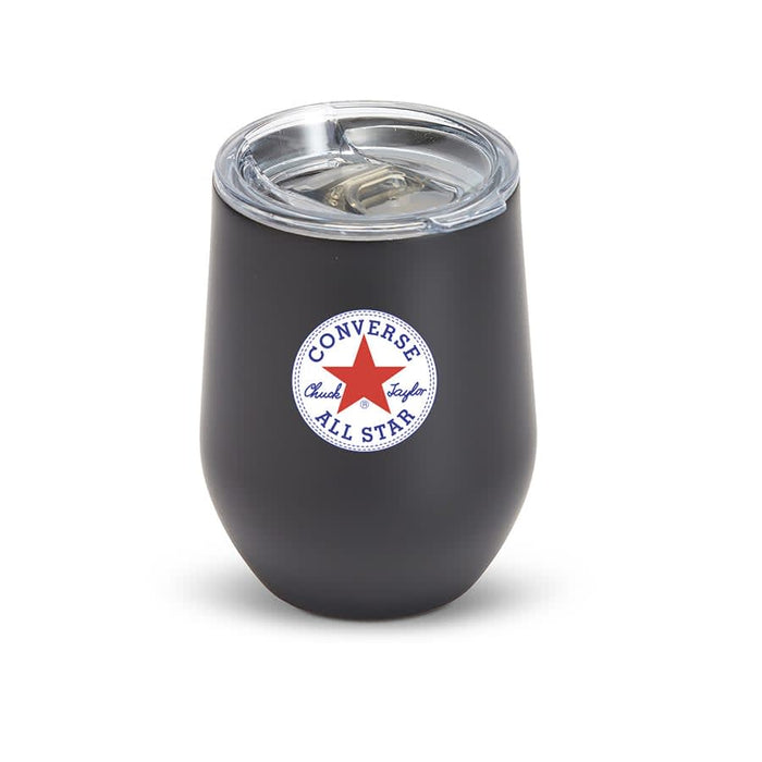 Zen Mirror Finish Mugs (350mL) - A drink bottle in matte black with a transparent lid and a logo. It features a rounded bottom and holds 350mL.