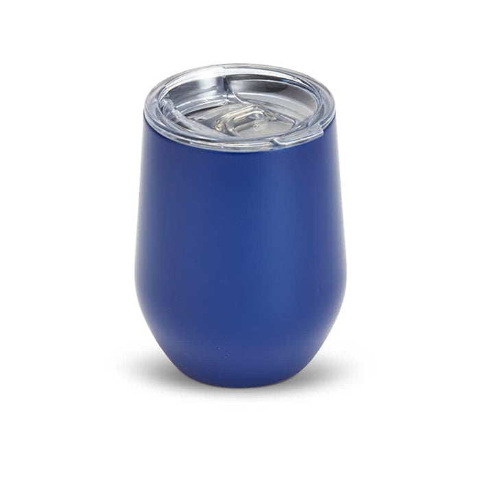 Zen Mirror Finish Mugs (350mL) - A drink mug in a deep blue finish with a clear lid, featuring a smooth, rounded design and a logo.