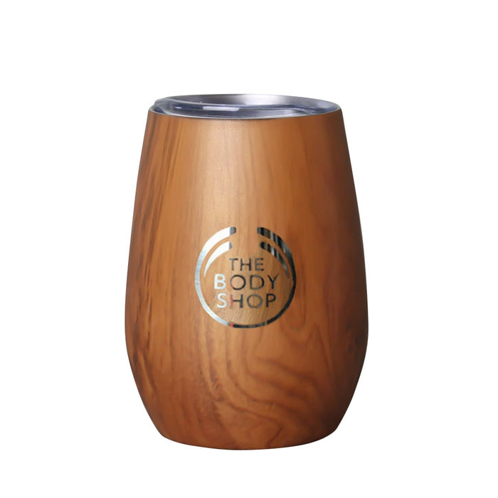 Ecograin Mirror Finish 230mL Calm Cup - A drink cup with a wooden finish and a metallic rim, featuring a logo on its surface.