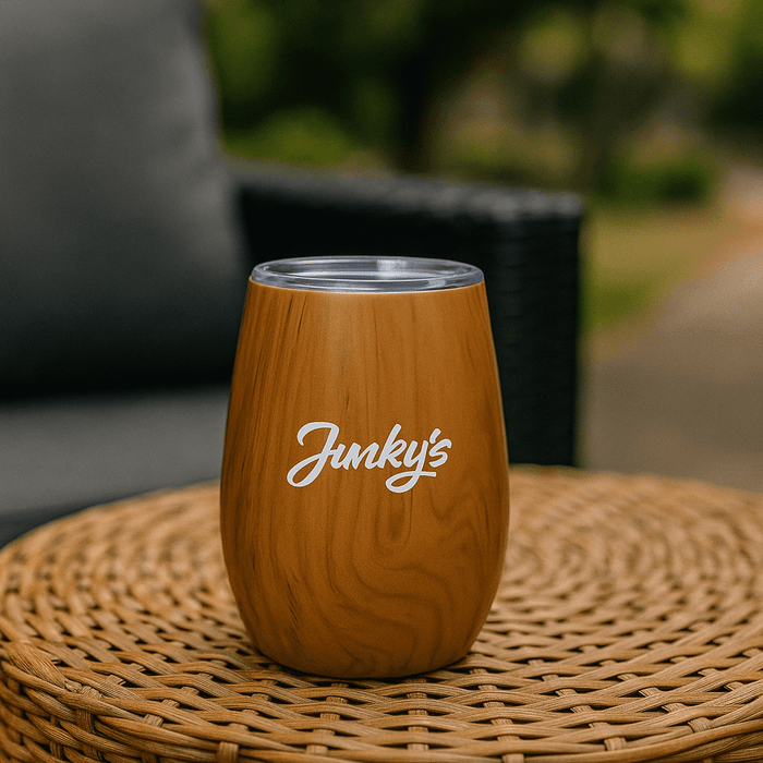 Ecograin Mirror Finish 230mL Calm Cup - A drink bottle in a wood grain finish with a clear lid and a logo on the side, placed on a woven surface.