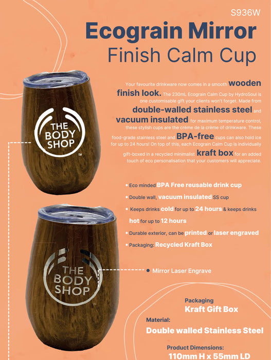 Ecograin Mirror Finish 230mL Calm Cup - A drink cup with a wooden finish in a Kraft gift box, made from double-walled stainless steel, featuring a logo.
