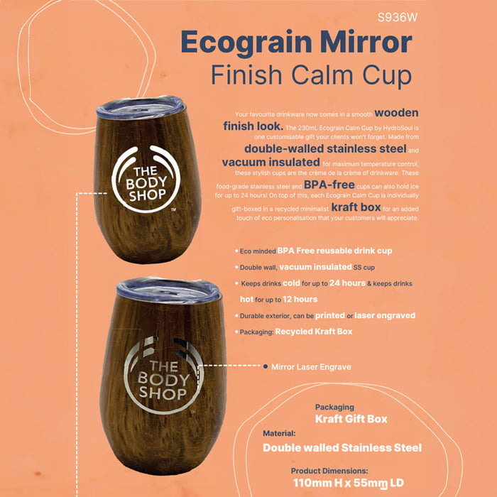 Ecograin Mirror Finish 230mL Calm Cup - A drink cup with a wooden mirror finish, stainless steel interior, featuring a logo and packaged in a kraft gift box.