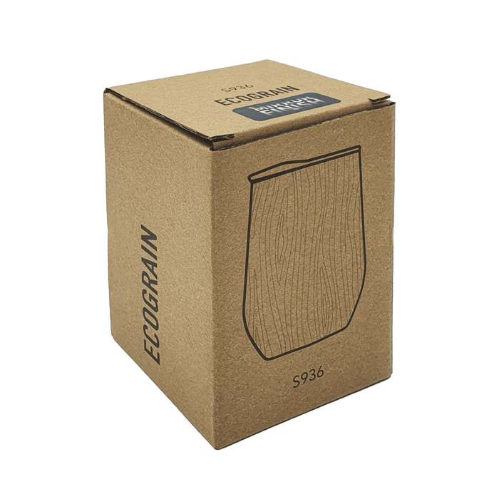 Ecograin Mirror Finish 230mL Calm Cup - A drink bottle in a natural wood finish inside a kraft cardboard box. The box features a logo.