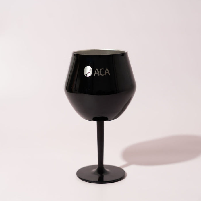 Shiraz Detachable Wine Glass - A black detachable wine glass with a sleek finish and a logo on the front.