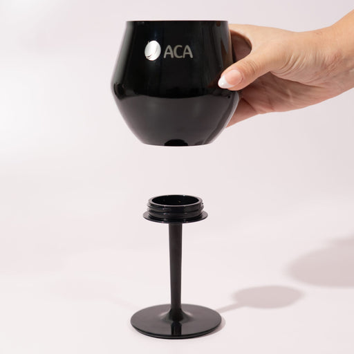 Shiraz Detachable Wine Glass - A black Shiraz Detachable Wine Glass with a removable stem, featuring a logo on the cup.