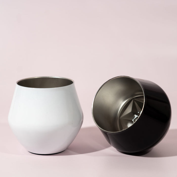 Shiraz Detachable Wine Glass - A detachable wine glass in white and black with a shiny stainless steel interior and a smooth exterior.