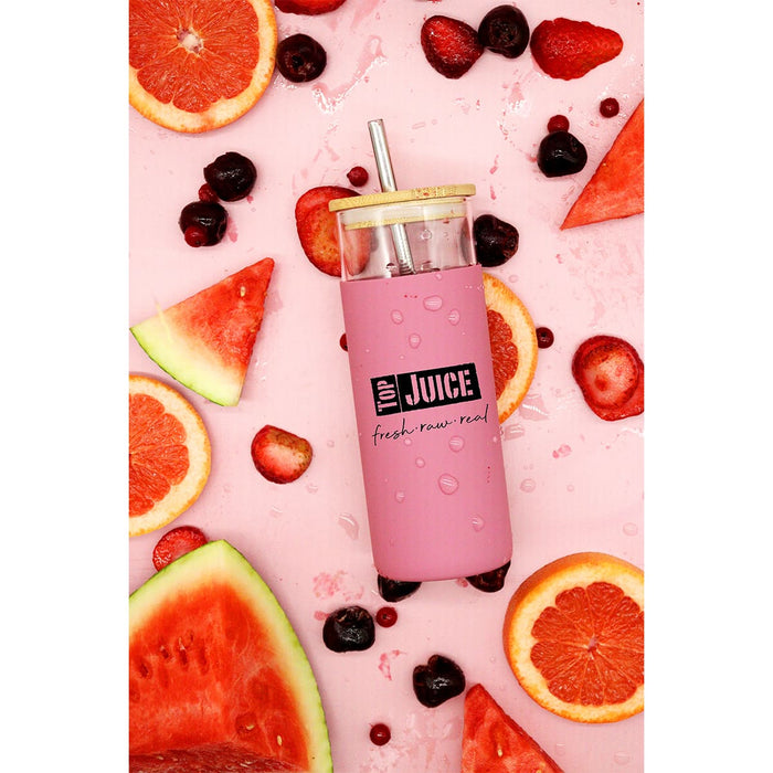 Sunrise Smoothie 500mL Tumbler - A drink bottle with a pink exterior, wooden lid, and metal straw, surrounded by fresh fruit slices and berries.