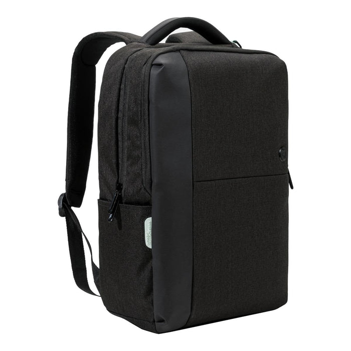 Swissdigital Arosa Backpack - A black backpack with a sleek design and zippers, featuring a logo and padded shoulder straps.