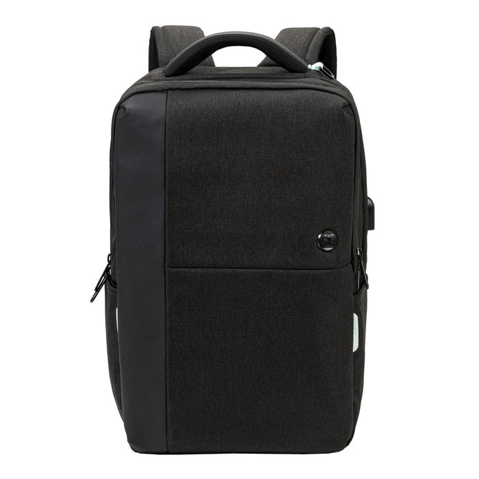 Swissdigital Arosa Backpack - A black backpack with a sleek design, featuring a front pocket and a handle on top. It has a branding logo.