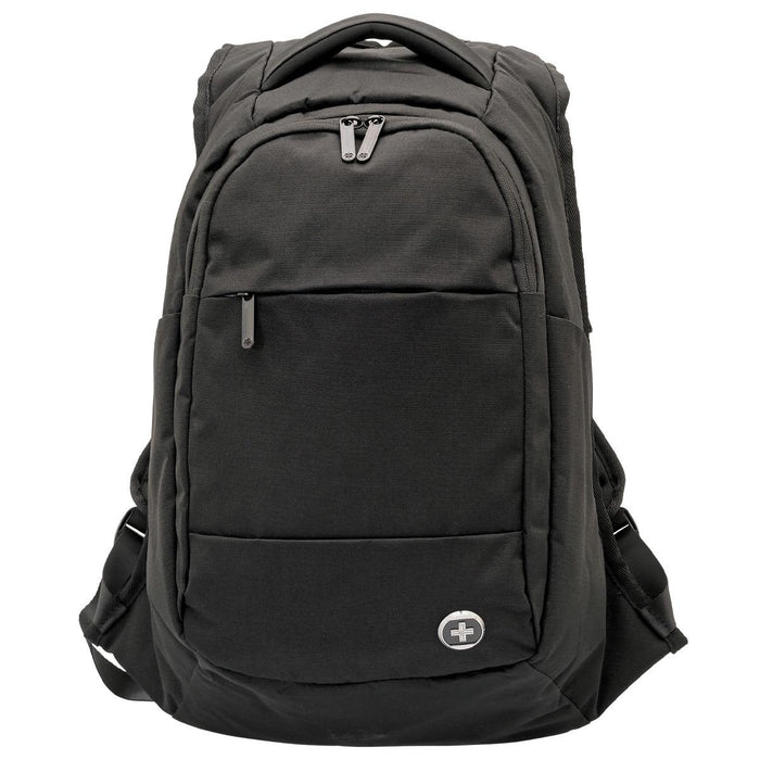 Swissdigital Bolt Anti-Theft Backpack - A black backpack with multiple compartments, zippers, and a logo on the front. Features adjustable straps.