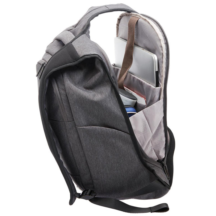 Swissdigital Bolt Anti-Theft Backpack - A grey anti-theft backpack with compartments for a laptop, drink bottle, and other items. It has a sleek, modern design.