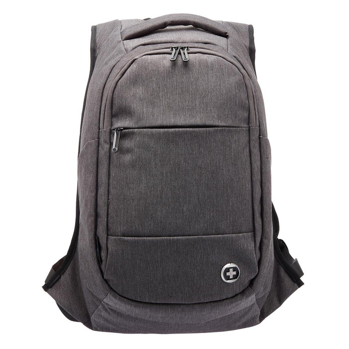 Swissdigital Bolt Anti-Theft Backpack - A grey anti-theft backpack featuring multiple zippered compartments and a logo on the front.