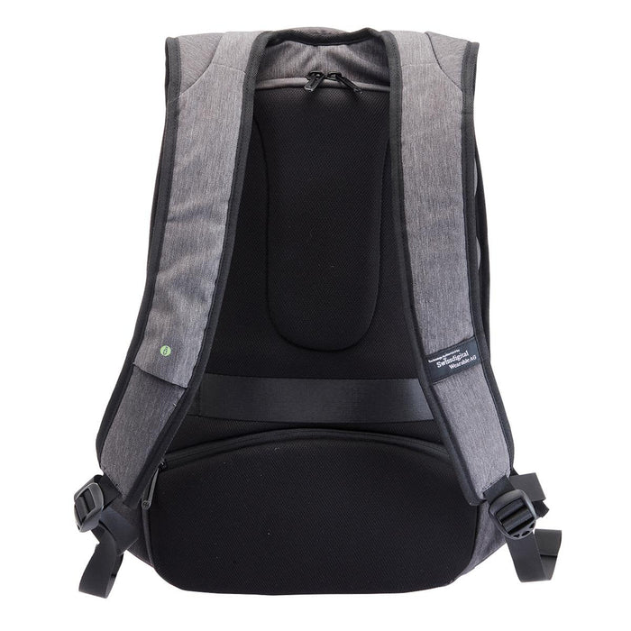 Swissdigital Bolt Anti-Theft Backpack - A grey anti-theft backpack with padded straps and a sleek design. It features a logo on the front.