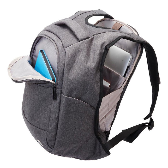 Swissdigital Bolt Anti-Theft Backpack - A grey anti-theft backpack with multiple compartments, featuring a laptop sleeve and a carry handle.