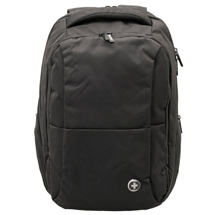Swissdigital Commander Backpack - A black backpack with multiple compartments and a logo, designed for everyday use.