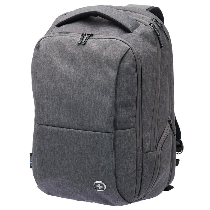 Swissdigital Commander Backpack - A grey Swissdigital Commander Backpack featuring multiple zippered compartments and a logo.