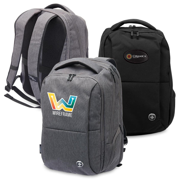 Swissdigital Commander Backpack - Three backpacks in various styles: one grey with a colourful logo, a plain black, and another grey with a logo.