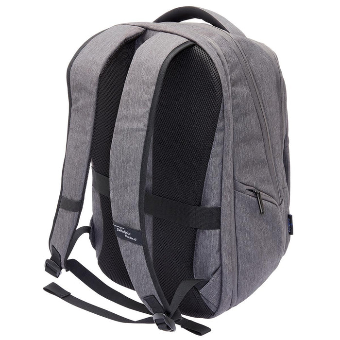 Swissdigital Commander Backpack - A grey backpack with padded straps and mesh panels, featuring a zippered side pocket and a logo.