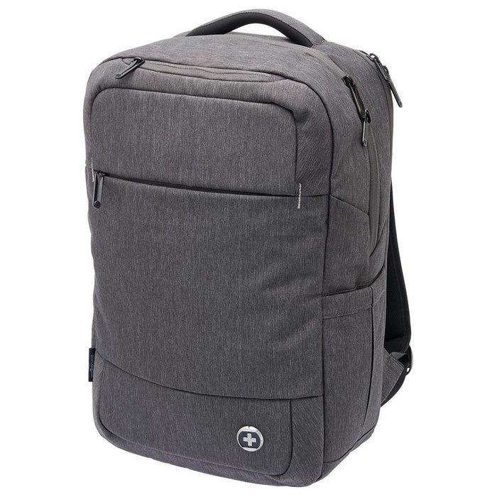 Swissdigital Calibre Backpack - A grey backpack with multiple compartments and a logo, designed for carrying laptops.