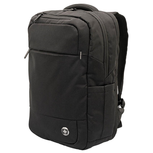 Swissdigital Calibre Backpack - A black laptop backpack with a front pocket and side compartments, featuring a logo on the front.