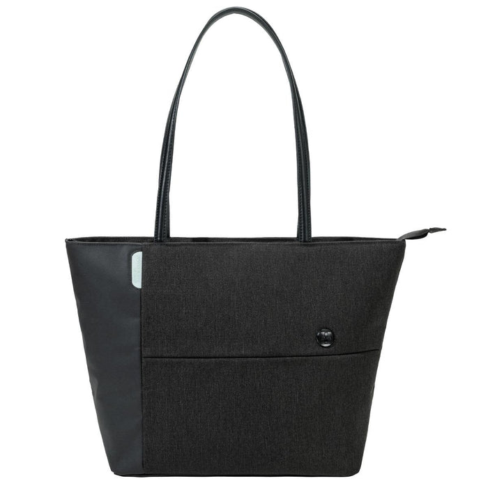 Swissdigital Arosa Tote Bag - A tote bag in dark grey with a sleek design, featuring a pocket and a logo. The bag has two long handles.