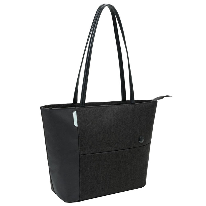 Swissdigital Arosa Tote Bag - A black tote bag with long handles features a textured design and a front pocket, along with a logo.
