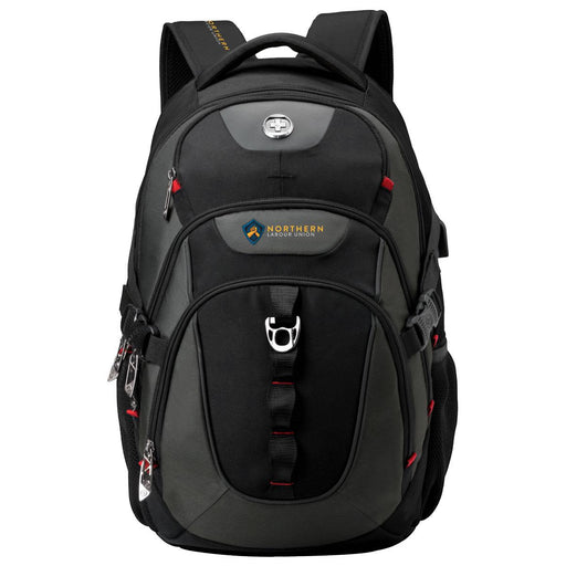 Swissdigital Vector Backpack - A black backpack with red accents, featuring multiple compartments and a logo on the front.
