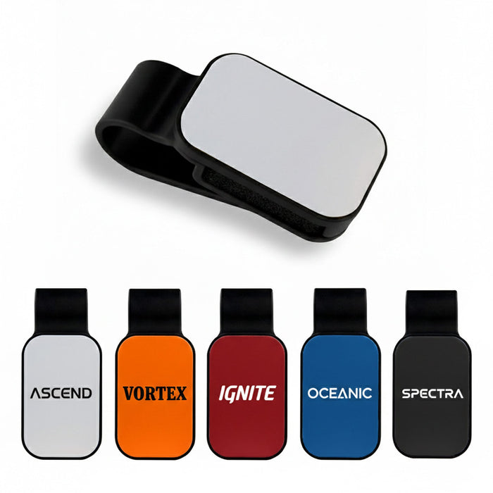 Car Visor Sunglass Holder - A collection of car visor sunglass holders in various colours: black, orange, red, blue, and white. Each has a logo.