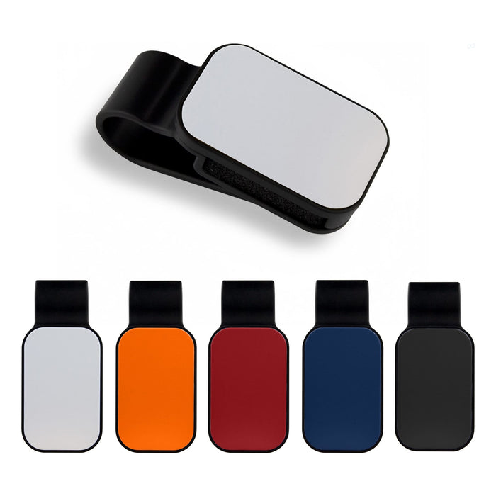 Car Visor Sunglass Holder - A car visor sunglass holder in various colours: black, orange, red, navy, and grey, with a logo on it.