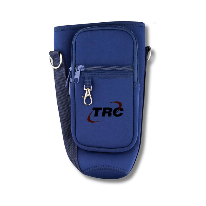 Aero Neoprene Bottle Carrier - A drink bottle carrier in navy blue neoprene, featuring a zippered pocket and a detachable strap. It has a logo displayed.