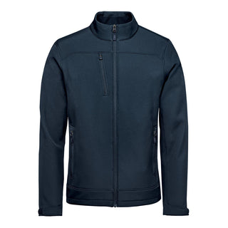 Men's Aleutian Softshell Jacket - A navy blue softshell jacket featuring a high collar and zipped pockets, with a logo on the chest.