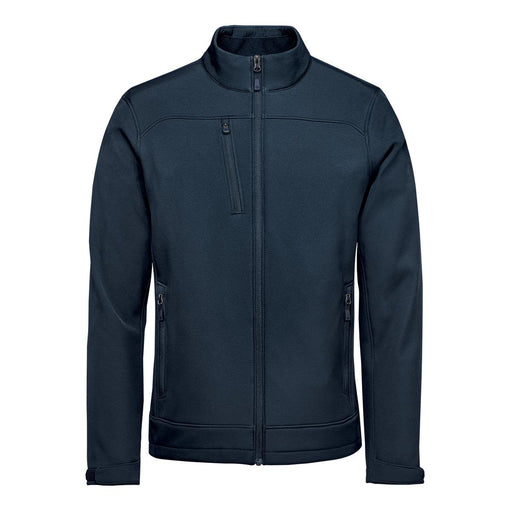 Men's Aleutian Softshell Jacket - A navy blue softshell jacket featuring a high collar and zipped pockets, with a logo on the chest.