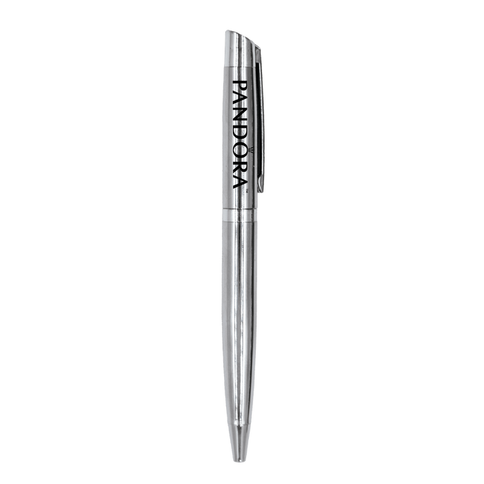The Rhi Metal Ball Pen - A silver metal ball pen with a clip and a logo on the side. The pen has a sleek and polished design.