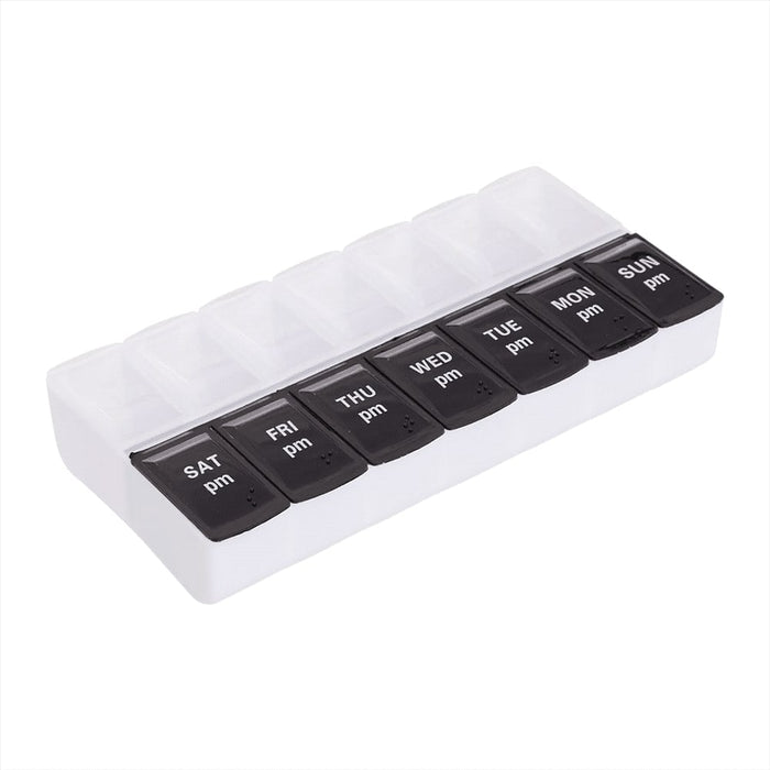 Recycled AM/PM Pill Case - A white and black recycled AM/PM pill case with compartments labelled for each day of the week.