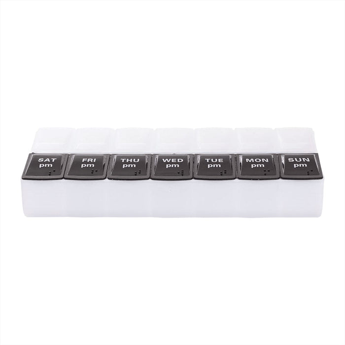 Recycled AM/PM Pill Case - A clear, weekly pill case with black lids for each day, featuring labels for AM and PM. It has a branded logo.