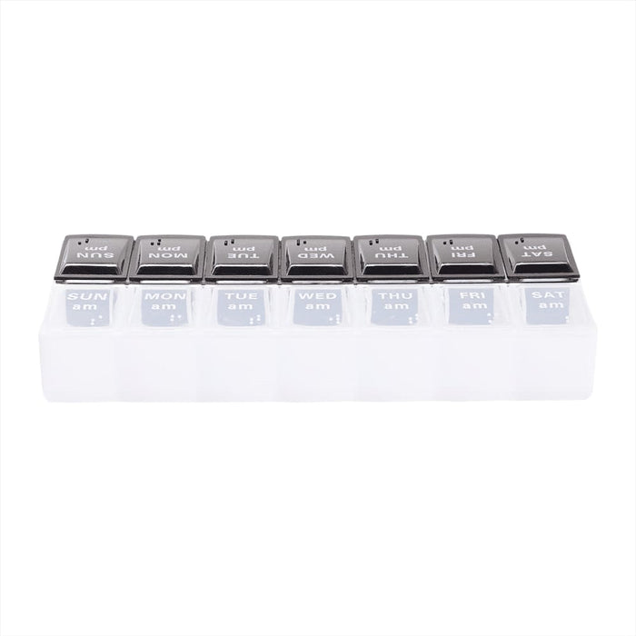 Recycled AM/PM Pill Case - A clear pill case with grey lids labelled for each day and time for medication organisation.
