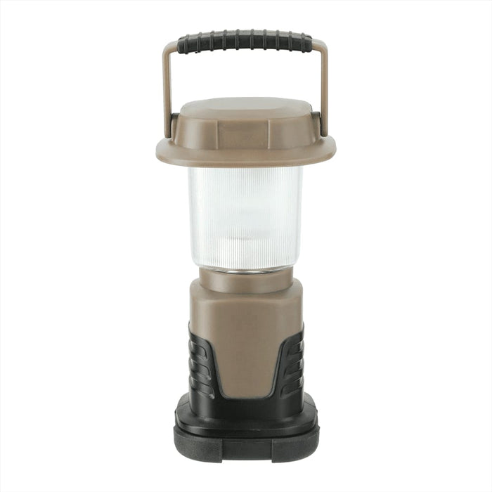 Mini Camping Lantern - A mini camping lantern in a brown and black design, featuring a textured handle and a clear light section.