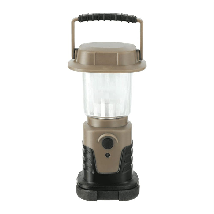 Mini Camping Lantern - A mini camping lantern in tan and black, featuring a handle and a push button. It has a logo on the base.