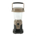 Mini Camping Lantern - A mini camping lantern in tan and black, featuring a handle and a push button. It has a logo on the base.