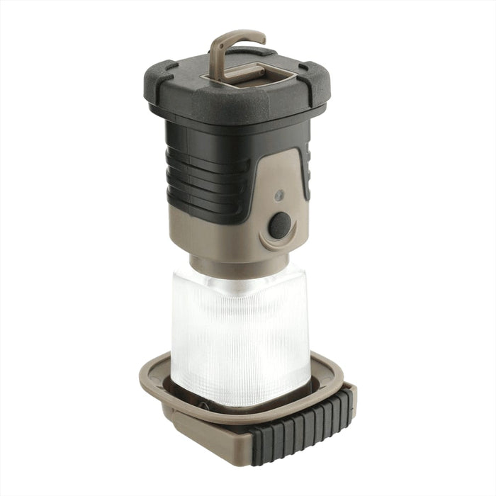 Mini Camping Lantern - A compact, black and grey mini camping lantern with a clear light section and hook for hanging.