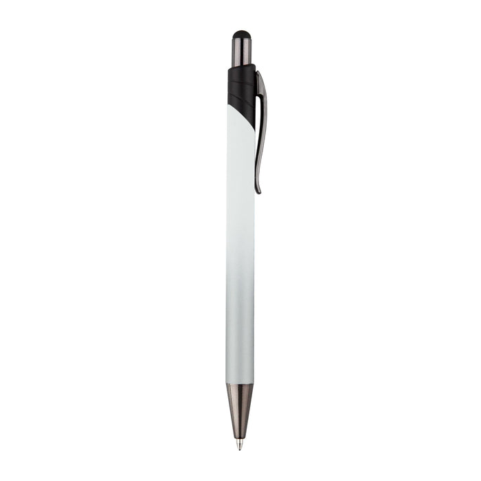 Volcano Stylus Metal Pen - A metal pen with a sleek white barrel and black accents, featuring a clip and shiny silver tip.
