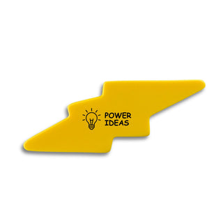 Stress Lightening Bolt - A yellow stress relief shape resembling a lightning bolt, featuring a light bulb design and a logo.